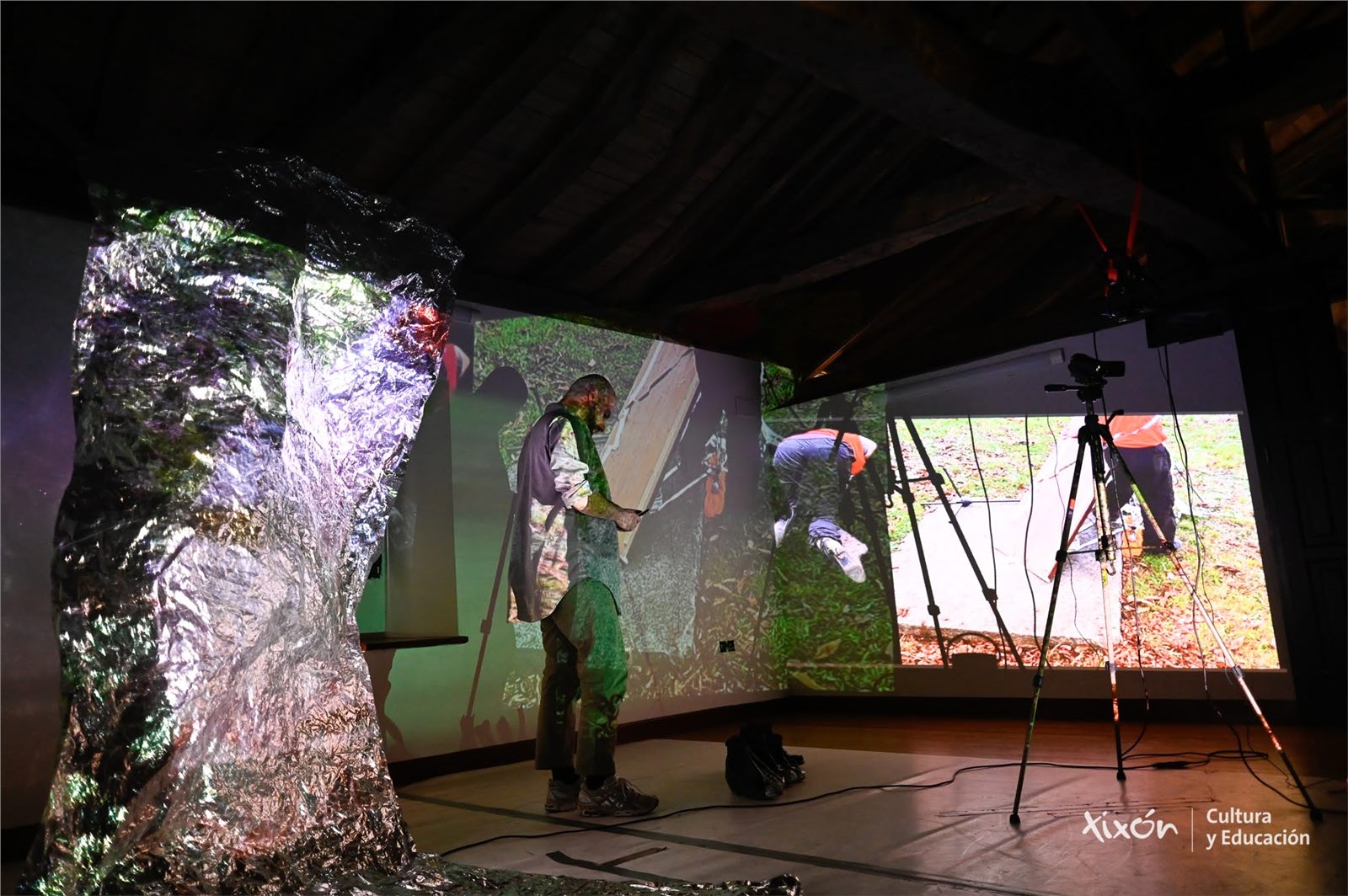 Adrian Vega performance research with projection, mylar and body